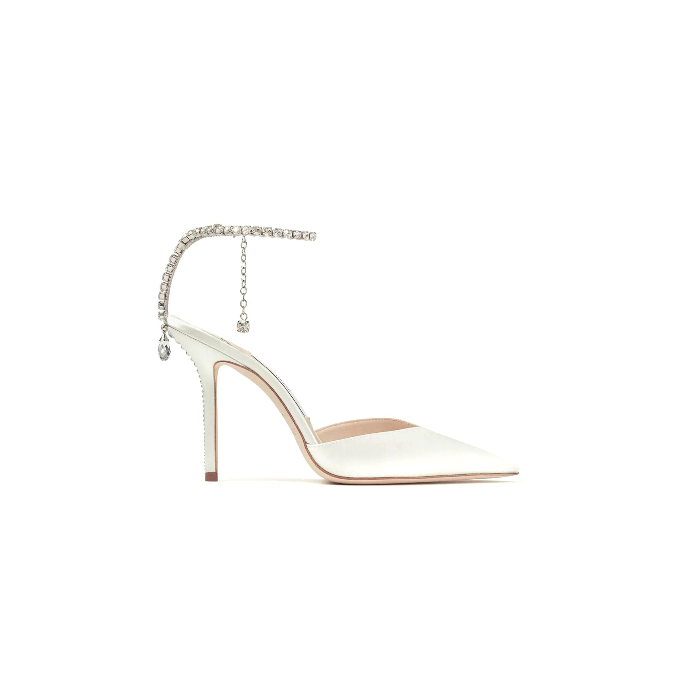 JIMMY CHOO SAEDA 100 IVORY SATIN PUMPS WITH CRYSTAL EMBELLISHMENT SAEDA100BBD